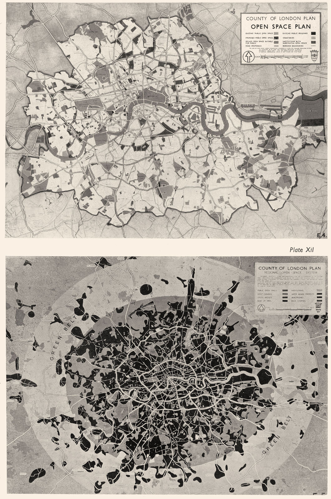 LONDON. Open spaces & Park system. space plan; Region & City 1943 old map